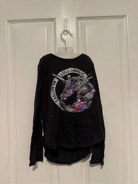 Girls' Black Sequin Unicorn Long-Sleeve Top - Believe in Love & Magic